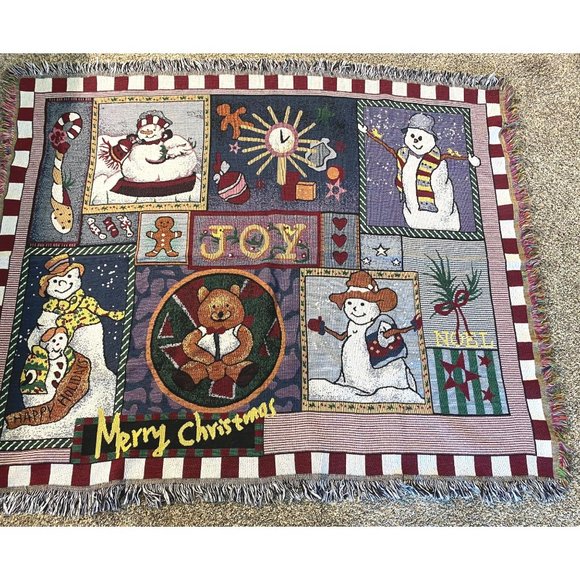 Tapestry Throw Blanket Snowman Merry Christmas Bear Joy Fringed 46" X 55" - Picture 5 of 7